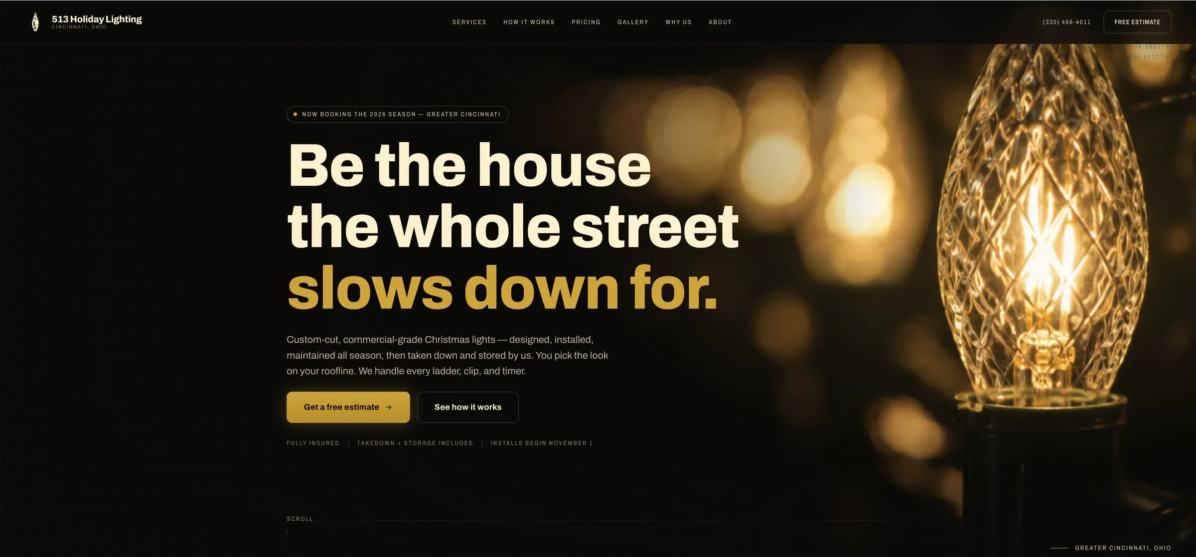 Homepage of the 513 Holiday Lighting website, a holiday lighting installer in Cincinnati, Ohio